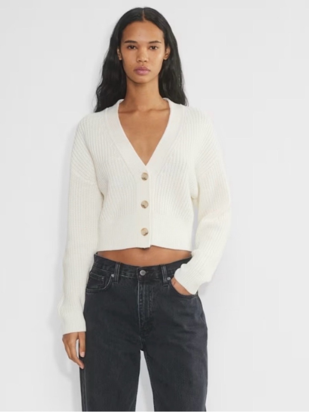 Aritzia Babaton Canberra 100% Merino Wool Cropped V‑Neck Button Cardigan Cream